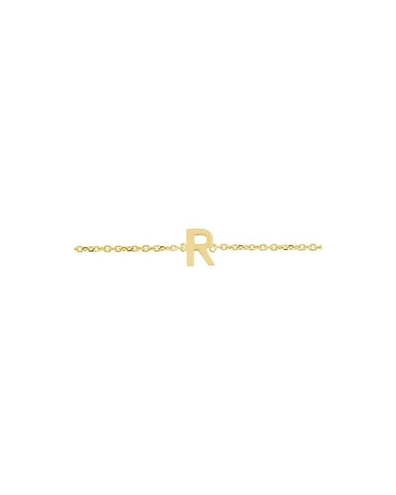 14k Solid Yellow Gold Mini Initial R Bracelet with Spring Ring Closure, Letter R Pendant 5mm, 0.8mm Cable Chain (7" And yello...