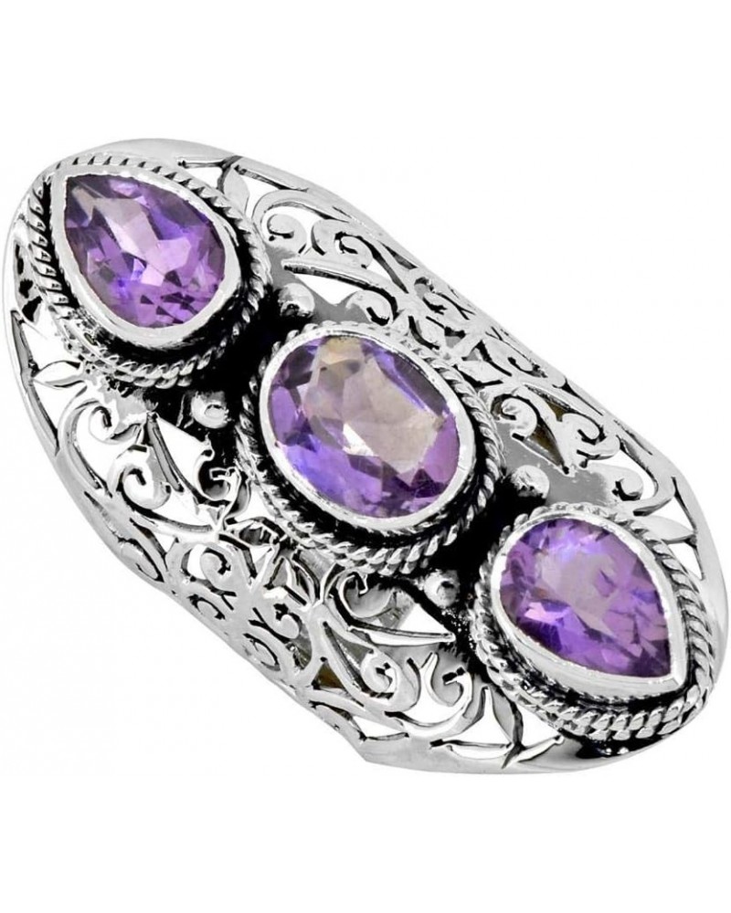 .925 Sterling Silver Amethyst Crystals Filigree Three Stone Ring $27.02 Rings