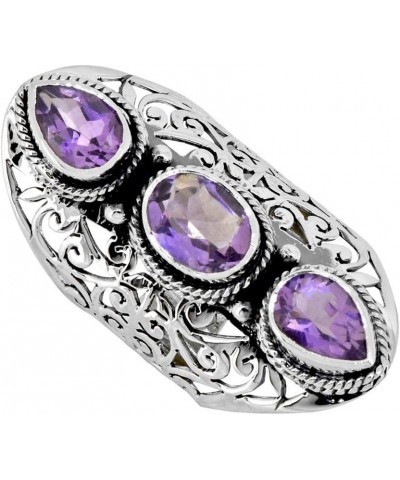 .925 Sterling Silver Amethyst Crystals Filigree Three Stone Ring $27.02 Rings