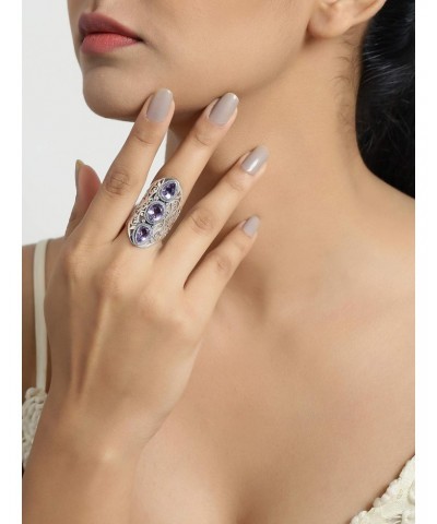 .925 Sterling Silver Amethyst Crystals Filigree Three Stone Ring $27.02 Rings