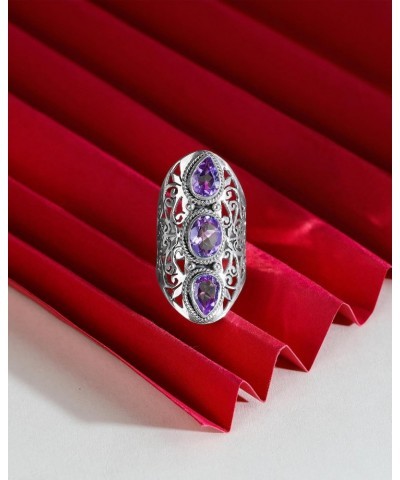 .925 Sterling Silver Amethyst Crystals Filigree Three Stone Ring $27.02 Rings