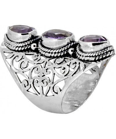 .925 Sterling Silver Amethyst Crystals Filigree Three Stone Ring $27.02 Rings