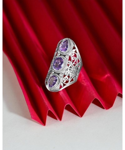 .925 Sterling Silver Amethyst Crystals Filigree Three Stone Ring $27.02 Rings