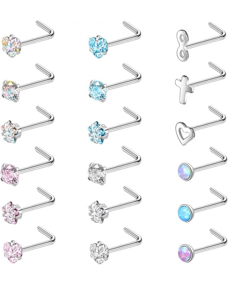 20G Nose Rings Studs, Surgical Steel Corkscrew Nose Ring L Shaped Nose Stud, CZ Heart Cross Nostril Bone Nose Piercing Jewelr...