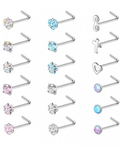 20G Nose Rings Studs, Surgical Steel Corkscrew Nose Ring L Shaped Nose Stud, CZ Heart Cross Nostril Bone Nose Piercing Jewelr...