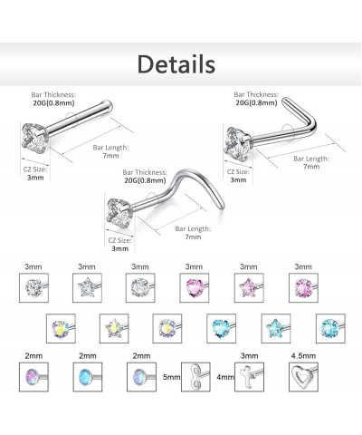 20G Nose Rings Studs, Surgical Steel Corkscrew Nose Ring L Shaped Nose Stud, CZ Heart Cross Nostril Bone Nose Piercing Jewelr...