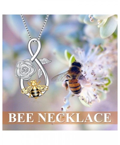 Bee Necklace Sterling Silver Infinity Love Bee Pendant Necklace with Rose Flower Jewelry Gifts for Women Teens Silver-rose an...