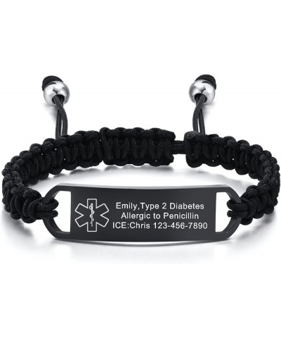 Custom Engraving Handmade Braided Rope Adjustable Medical Alert ID Bracelet Fits Adults & Kids,5.9-9 Inches Black-15mm-6.7-11...