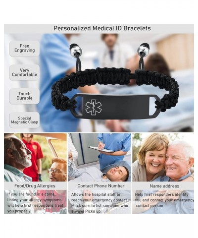 Custom Engraving Handmade Braided Rope Adjustable Medical Alert ID Bracelet Fits Adults & Kids,5.9-9 Inches Black-15mm-6.7-11...