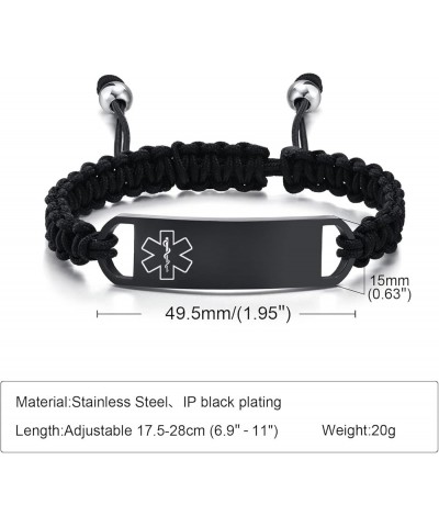 Custom Engraving Handmade Braided Rope Adjustable Medical Alert ID Bracelet Fits Adults & Kids,5.9-9 Inches Black-15mm-6.7-11...