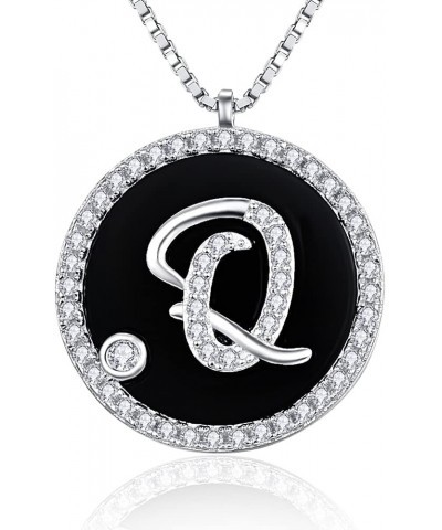 925 Sterling Silver Initial Necklace for Women Black Onyx Round Coin Disc Cubic Zirconia Letter Pendant Necklace Q $11.25 Nec...