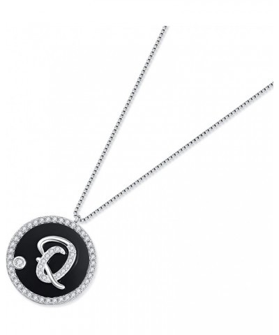 925 Sterling Silver Initial Necklace for Women Black Onyx Round Coin Disc Cubic Zirconia Letter Pendant Necklace Q $11.25 Nec...