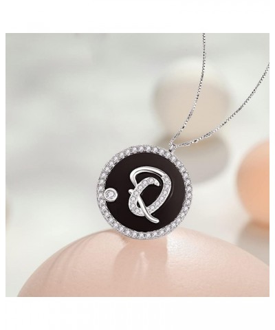 925 Sterling Silver Initial Necklace for Women Black Onyx Round Coin Disc Cubic Zirconia Letter Pendant Necklace Q $11.25 Nec...