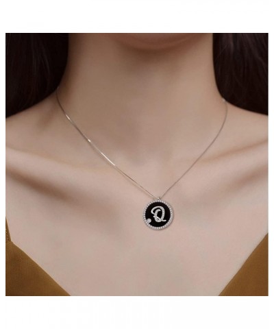 925 Sterling Silver Initial Necklace for Women Black Onyx Round Coin Disc Cubic Zirconia Letter Pendant Necklace Q $11.25 Nec...