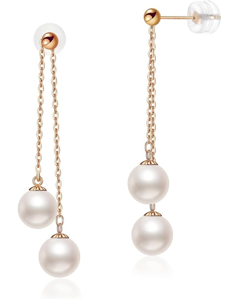 Pearl Drop Earrings Fashion 18K Rose Gold Pure Adjustable Long, AAAA+ Carefully Selected Freshwater 6mm-6.5mm Double Pearl Ea...