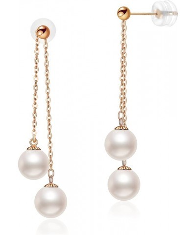 Pearl Drop Earrings Fashion 18K Rose Gold Pure Adjustable Long, AAAA+ Carefully Selected Freshwater 6mm-6.5mm Double Pearl Ea...