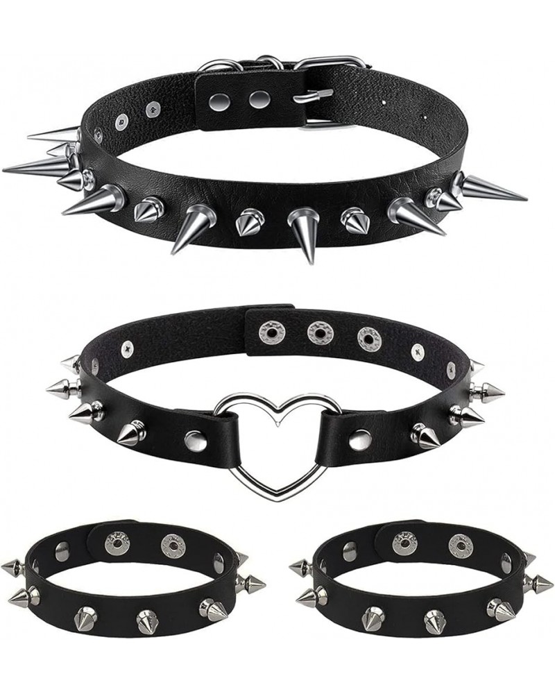 4 Pcs Punk Leather Necklace Bracelets for Women Gothic Spiker Studded Choker Necklace Wristband Bracelets for Halloween Cospl...