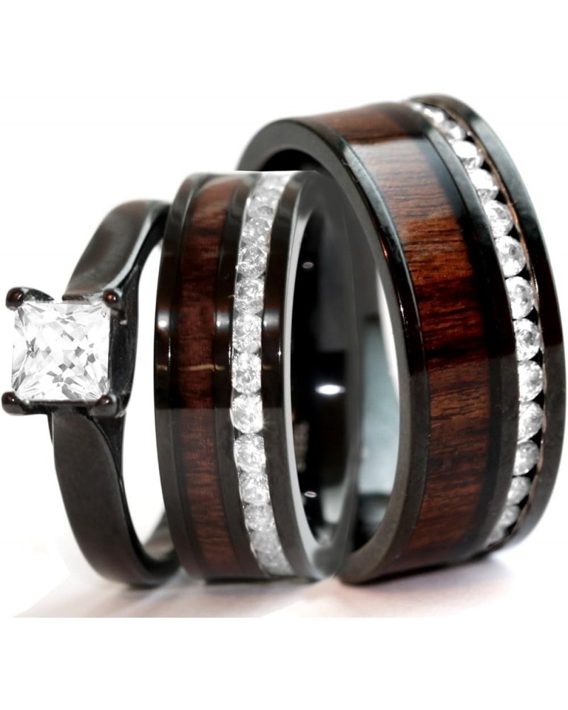 His & Hers Natural Koa Wood CZ 3 pcs Surgical Black Stainless Steel Engagement Wedding Rings set Size His 10, Hers 08 $64.93 ...