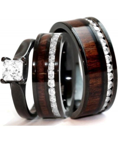 His & Hers Natural Koa Wood CZ 3 pcs Surgical Black Stainless Steel Engagement Wedding Rings set Size His 10, Hers 08 $64.93 ...