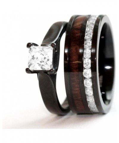 His & Hers Natural Koa Wood CZ 3 pcs Surgical Black Stainless Steel Engagement Wedding Rings set Size His 10, Hers 08 $64.93 ...