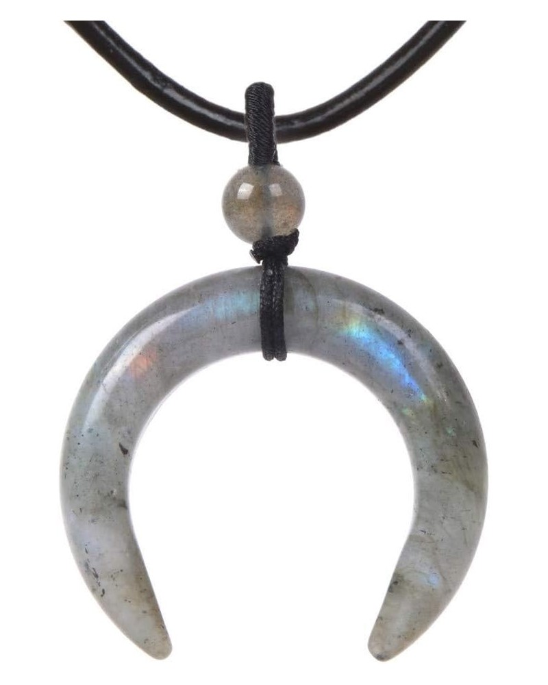 Gemstone Crescent Moon Shape Double Horn Chakra Reiki Pendant Genuine Leather Necklace 18 Inch Labradorite $8.25 Necklaces