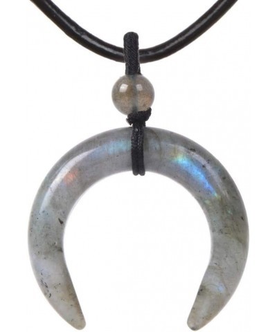 Gemstone Crescent Moon Shape Double Horn Chakra Reiki Pendant Genuine Leather Necklace 18 Inch Labradorite $8.25 Necklaces