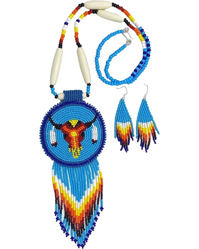 Native Style Beaded Necklace Earrings Set with Large Rosette Pendant Cyan Bull Skull $18.14 Jewelry Sets