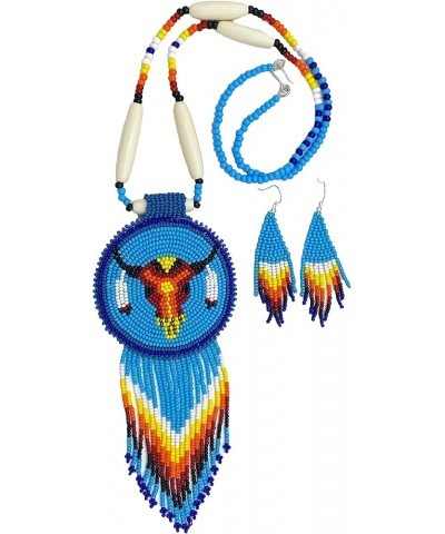 Native Style Beaded Necklace Earrings Set with Large Rosette Pendant Cyan Bull Skull $18.14 Jewelry Sets