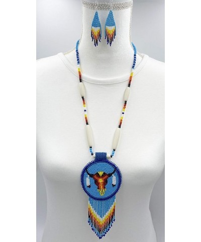 Native Style Beaded Necklace Earrings Set with Large Rosette Pendant Cyan Bull Skull $18.14 Jewelry Sets