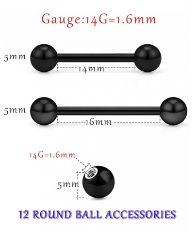 16G 14G Tongue Rings Nipple Rings Surgical Steel Tongue Piercing Jewelry Nipple Bar Straight Barbells Piercing Jewelry 14mm,1...