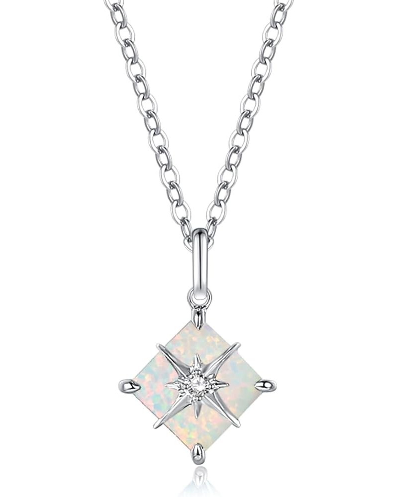 14K Solid White Gold Diamond Created Gemstone Pendant with Sterling Silver Chain Starburst Birthstone Necklace Fine Jewelry A...