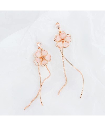 Pink Flower Cherry Blossom Petal Tassel Zircon Dangle Drop Earrings Cute Butterfly Heart Pearl Floral Earrings for Women Girl...