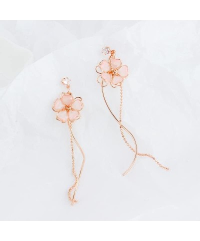 Pink Flower Cherry Blossom Petal Tassel Zircon Dangle Drop Earrings Cute Butterfly Heart Pearl Floral Earrings for Women Girl...