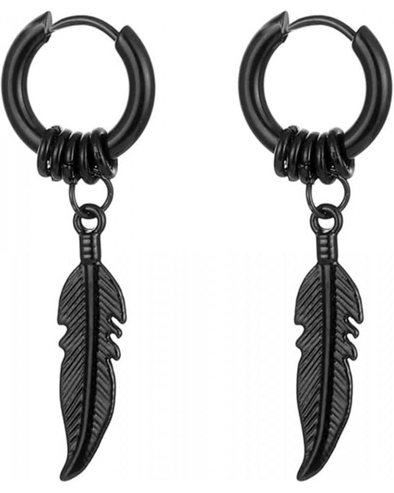 Feather Dangle Earrings for Men Women 316L Surgical Stainless Steel Huggie Hoop Dangle Earrings Punk Hip Hop Vintage Feather ...