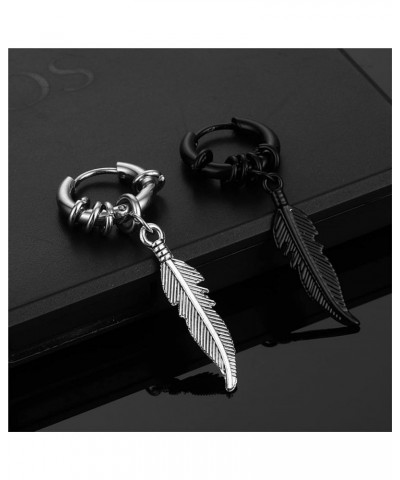 Feather Dangle Earrings for Men Women 316L Surgical Stainless Steel Huggie Hoop Dangle Earrings Punk Hip Hop Vintage Feather ...