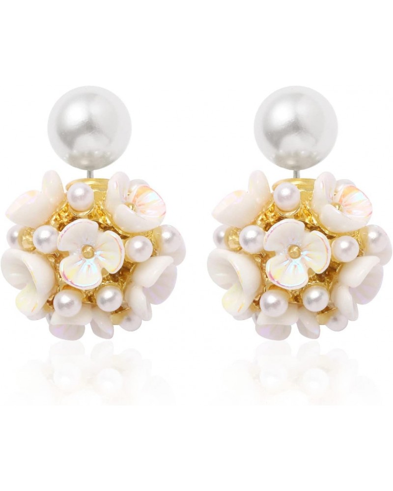 Numgug Shell Flower Pearl Earrings Ball Pearl Double Sided Stud Front Back Earrings for Women Girls 14k Gold Plated inlaid Cr...