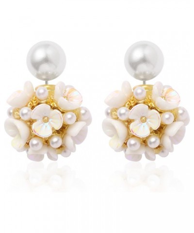 Numgug Shell Flower Pearl Earrings Ball Pearl Double Sided Stud Front Back Earrings for Women Girls 14k Gold Plated inlaid Cr...