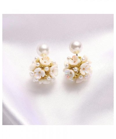 Numgug Shell Flower Pearl Earrings Ball Pearl Double Sided Stud Front Back Earrings for Women Girls 14k Gold Plated inlaid Cr...