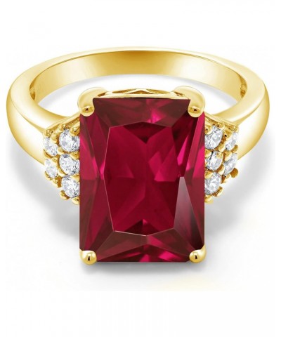 18K Yellow Gold Plated Silver Red Created Ruby Ring For Women (5.30 Cttw, Gemstone July Birthstone, Emerald Cut 14X10MM, Avai...