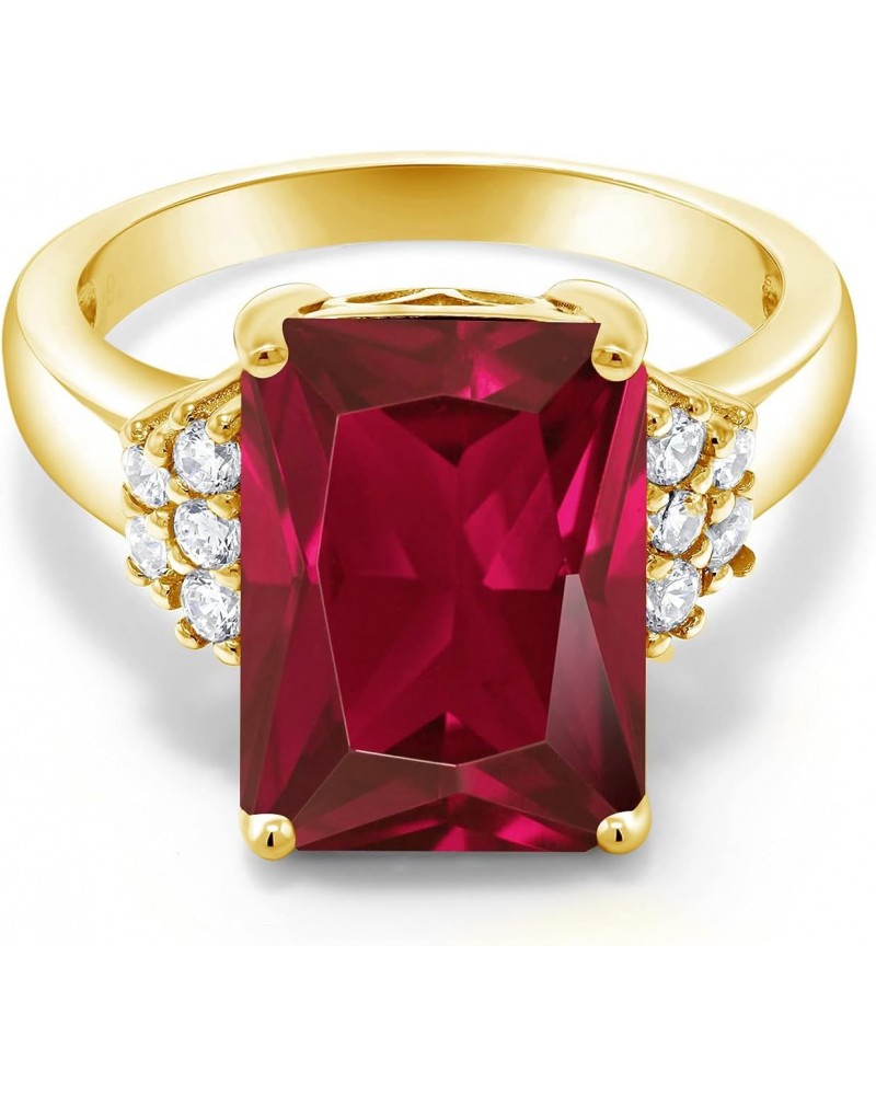 18K Yellow Gold Plated Silver Red Created Ruby Ring For Women (5.30 Cttw, Gemstone July Birthstone, Emerald Cut 14X10MM, Avai...