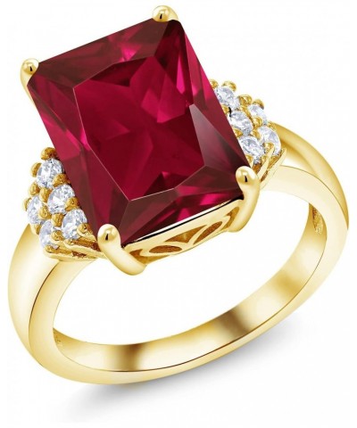 18K Yellow Gold Plated Silver Red Created Ruby Ring For Women (5.30 Cttw, Gemstone July Birthstone, Emerald Cut 14X10MM, Avai...