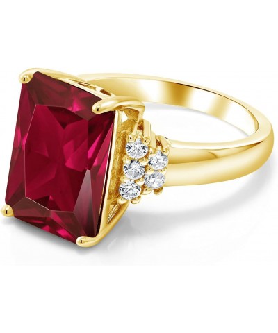 18K Yellow Gold Plated Silver Red Created Ruby Ring For Women (5.30 Cttw, Gemstone July Birthstone, Emerald Cut 14X10MM, Avai...