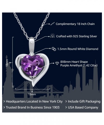 925 Sterling Silver Purple Amethyst and White Diamond Heart Shape Pendant Necklace For Women (1.42 Cttw, Heart 8MM, Gemstone ...