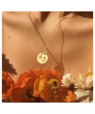 Birth Flower Necklace 18k Gold Custom Floral Pendant Necklaces Dainty Birth Month Flower Disc Hand Stamped Necklace Personali...