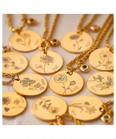 Birth Flower Necklace 18k Gold Custom Floral Pendant Necklaces Dainty Birth Month Flower Disc Hand Stamped Necklace Personali...