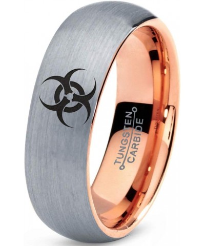 Biohazard Toxic Poison Symbol Ring - Tungsten Band 8mm - Men - Women - 18k Rose Gold Step Bevel Edge - Yellow - Grey - Blue -...