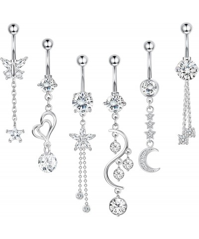 6Pcs 14G Belly Button Rings Dangle for Women 316L Stainless Steel Clear CZ Navel Rings Belly Piercing Body Piercing Jewelry S...