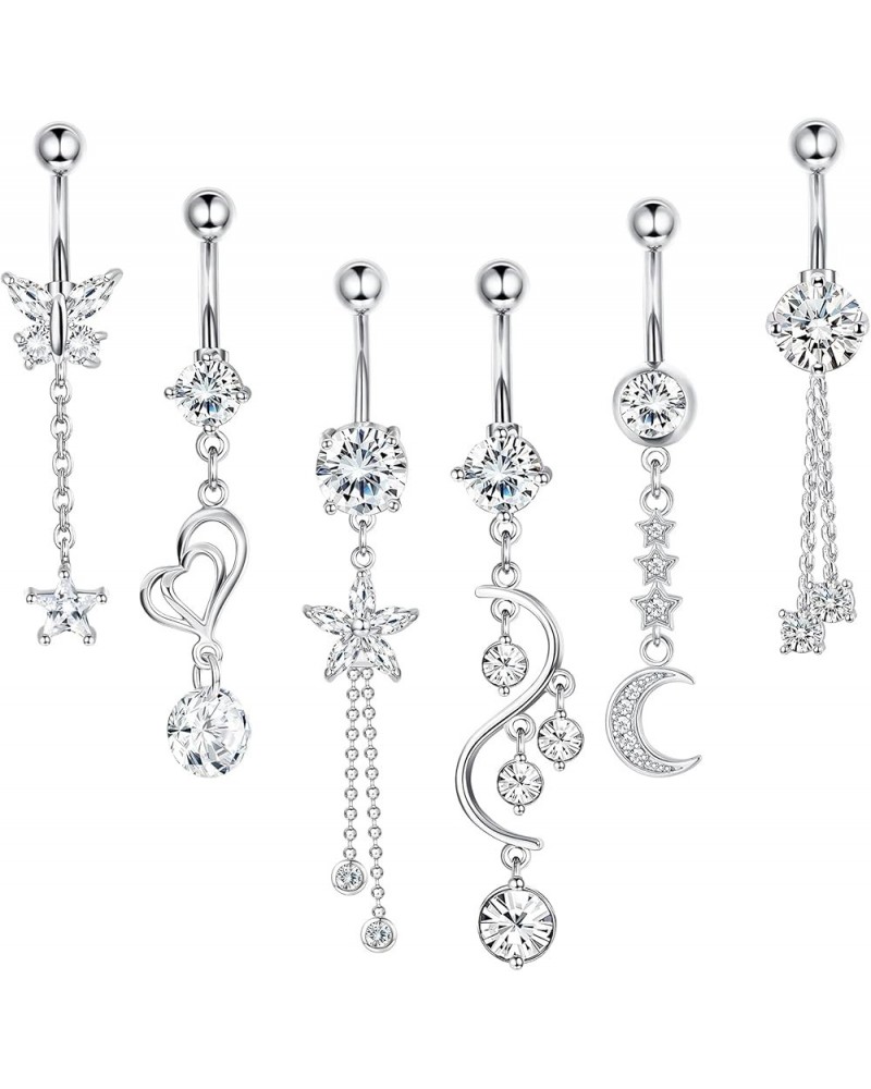 6Pcs 14G Belly Button Rings Dangle for Women 316L Stainless Steel Clear CZ Navel Rings Belly Piercing Body Piercing Jewelry S...