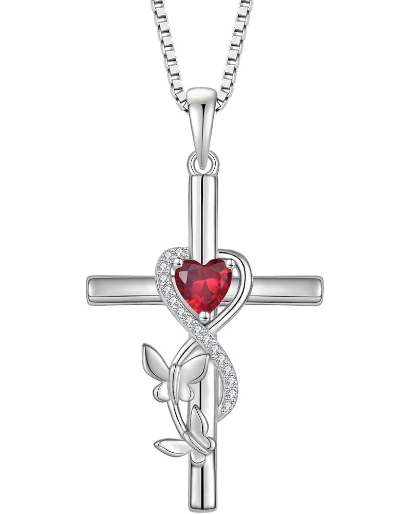 Butterfly Cross Necklace 925 Sterling Silver Crucifix Pendant Heart Birthstone Religious Jewelry for Women 07-ruby-Jul $30.24...