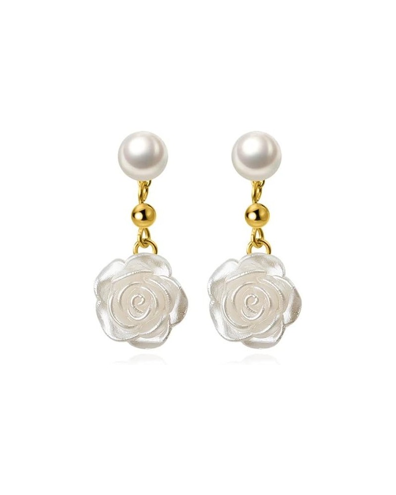 Solid 925 Sterling Silver Flower Drop Earrings Dangle for Women Girls Pearl Flower Drop Earrings Camellia B-Yellow Gold $10.6...